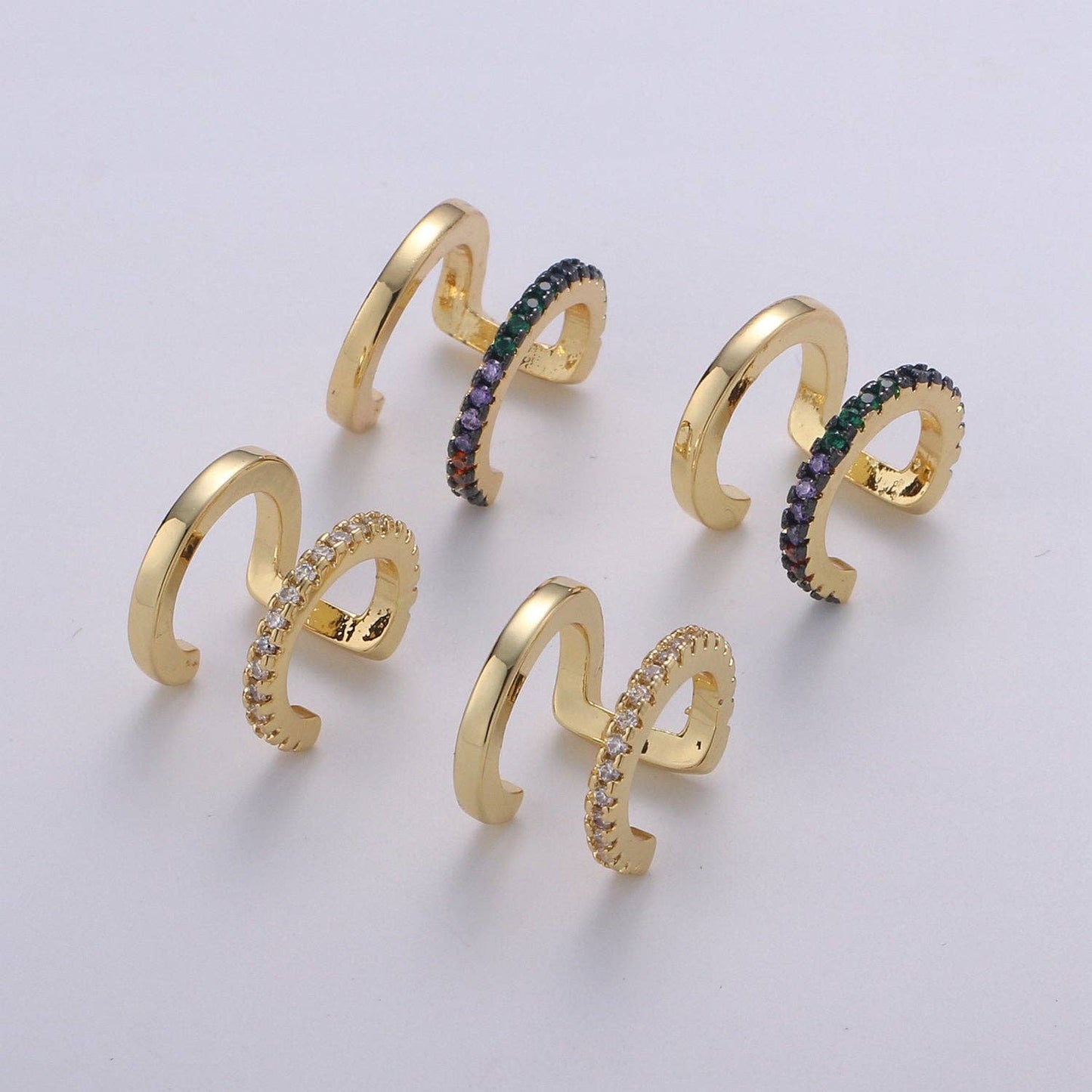 Double CZ Pave Ear Cuff, Gold Filled Wrap Earrings: Rainbow