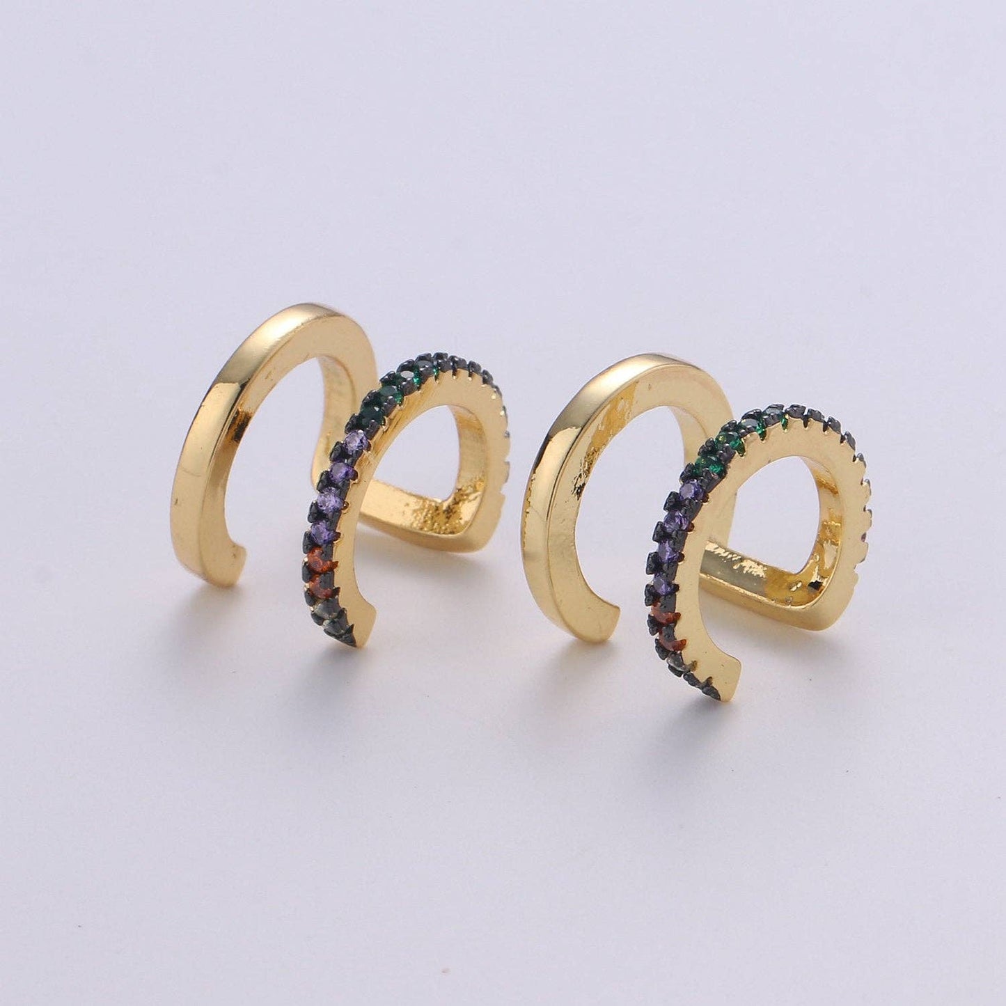 Double CZ Pave Ear Cuff, Gold Filled Wrap Earrings: Rainbow