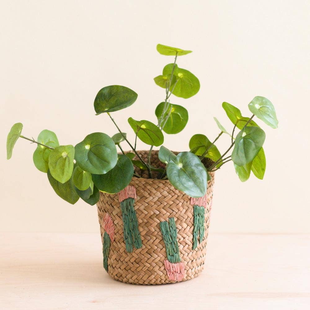 Cactus Embroidery Seagrass Basket - Handmade Bins | LIKHÂ