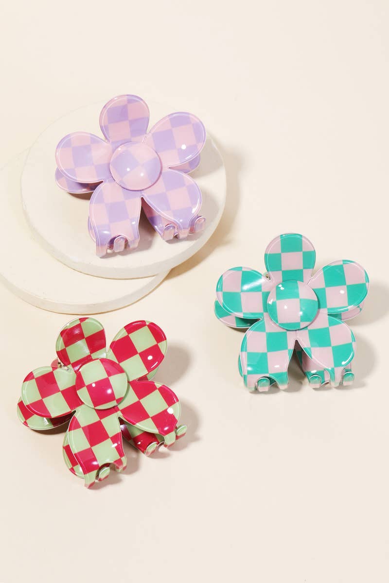 Checkered Pattern Flower Hair Clip Set: MULTI