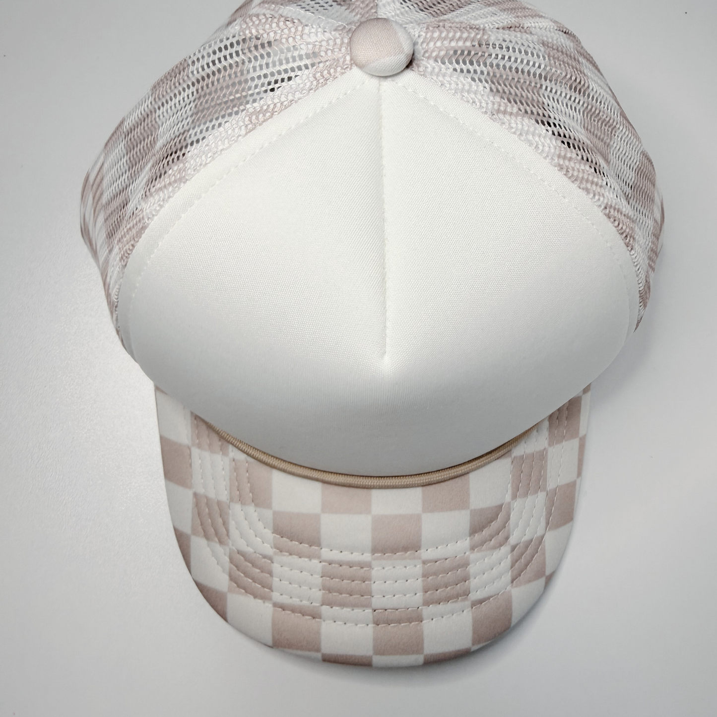 TEELUX - TRUCKER HAT BLANK - Beige Neutral Checkered W CHECKERED BILL