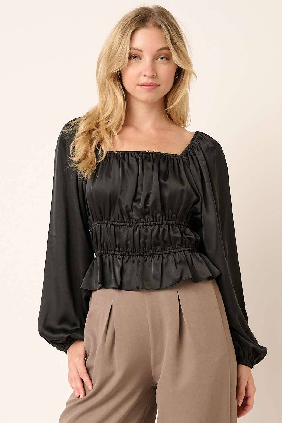 Rosette-Satin Square Neck Long sleeve Top