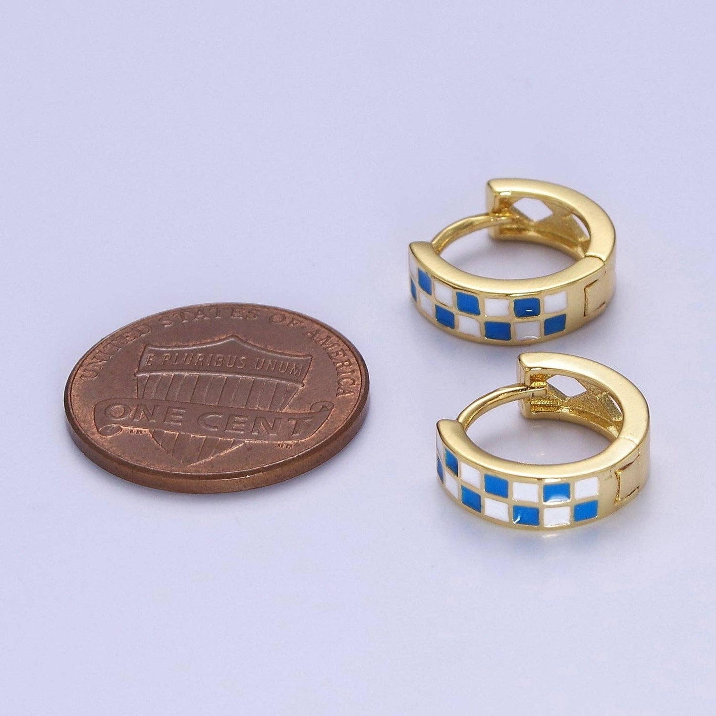 24K Gold Filled Enamel Checker Hoops Earring Retro Gold Hugg: Blue