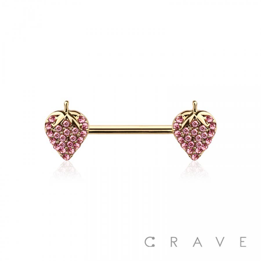 GEM PAVED STRAWBERRY CHARM END 316L SS NIPPLE BAR