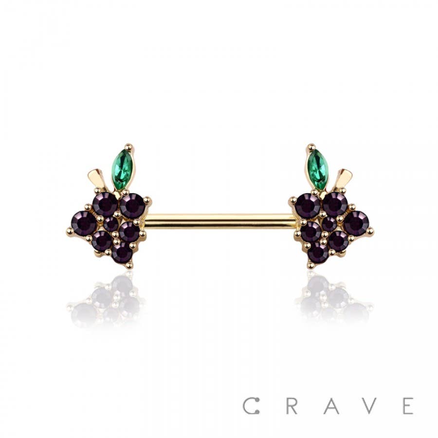 GEM PAVED GRAPE CHARM END 316L SURGICAL STEEL NIPPLE BAR