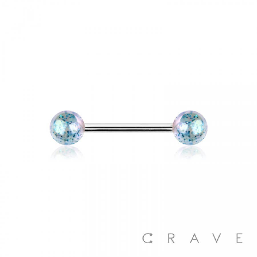 IRIDESCENT GLITTER ACRYLIC BALL 316L SS TONGUE BARBELL