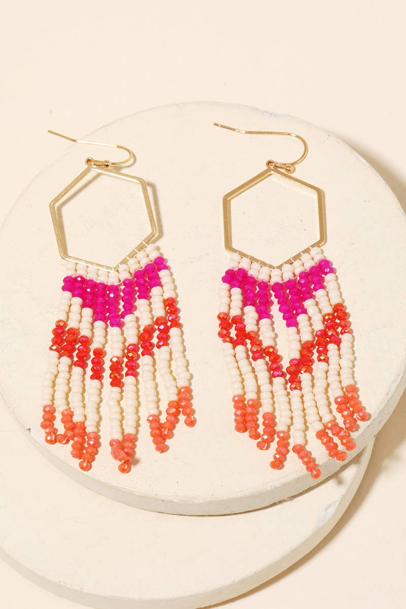 Fushia Hexagon Cutout Seed Beaded Fringe Earrings