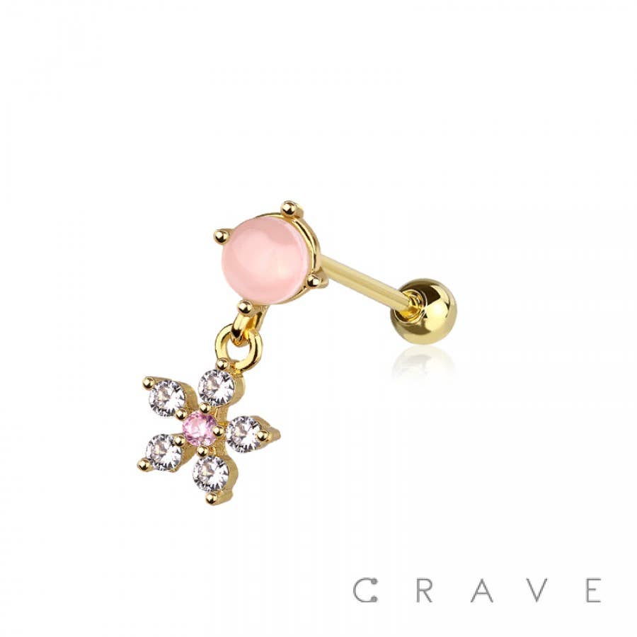 Pink FLOWER DANGLE CZ STONE TOP 316L SS EXTERNALLY THREADED CARTI