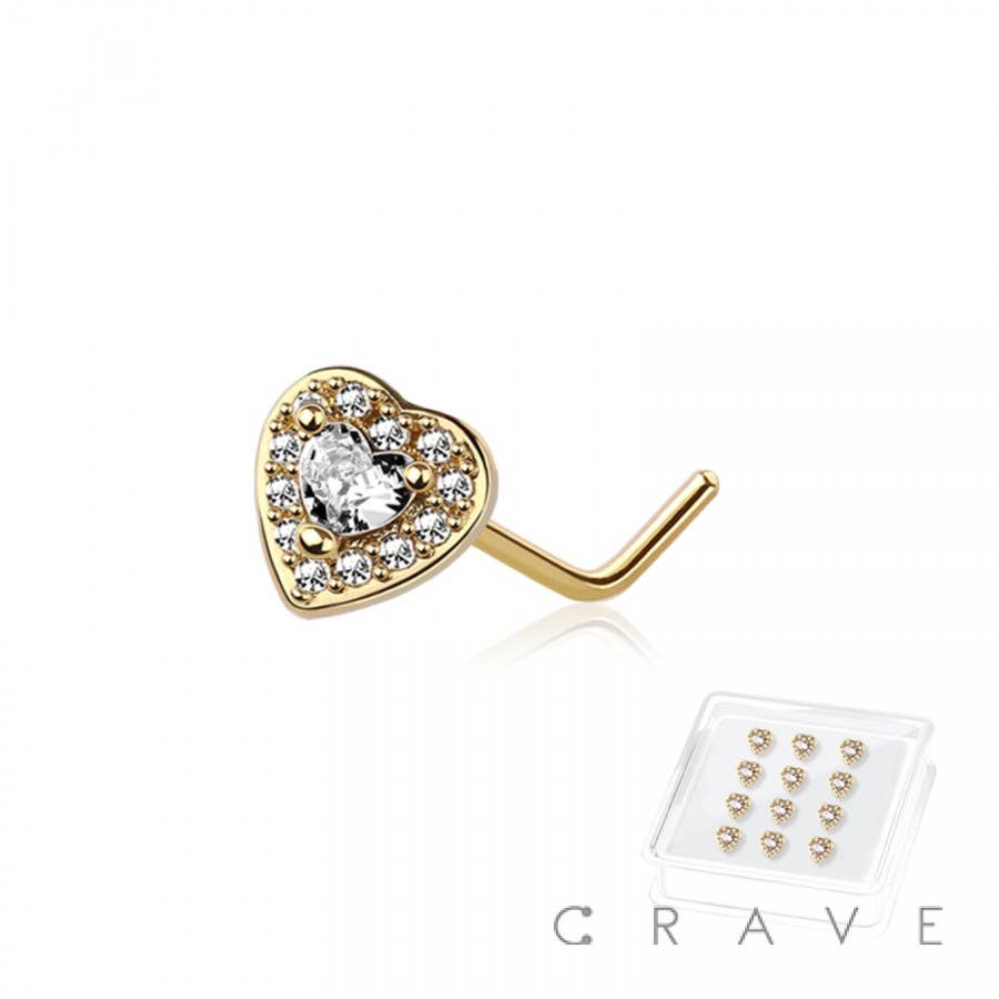 Individual CZ Paved Heart 316L SS L-SHAPE Nose Stud
