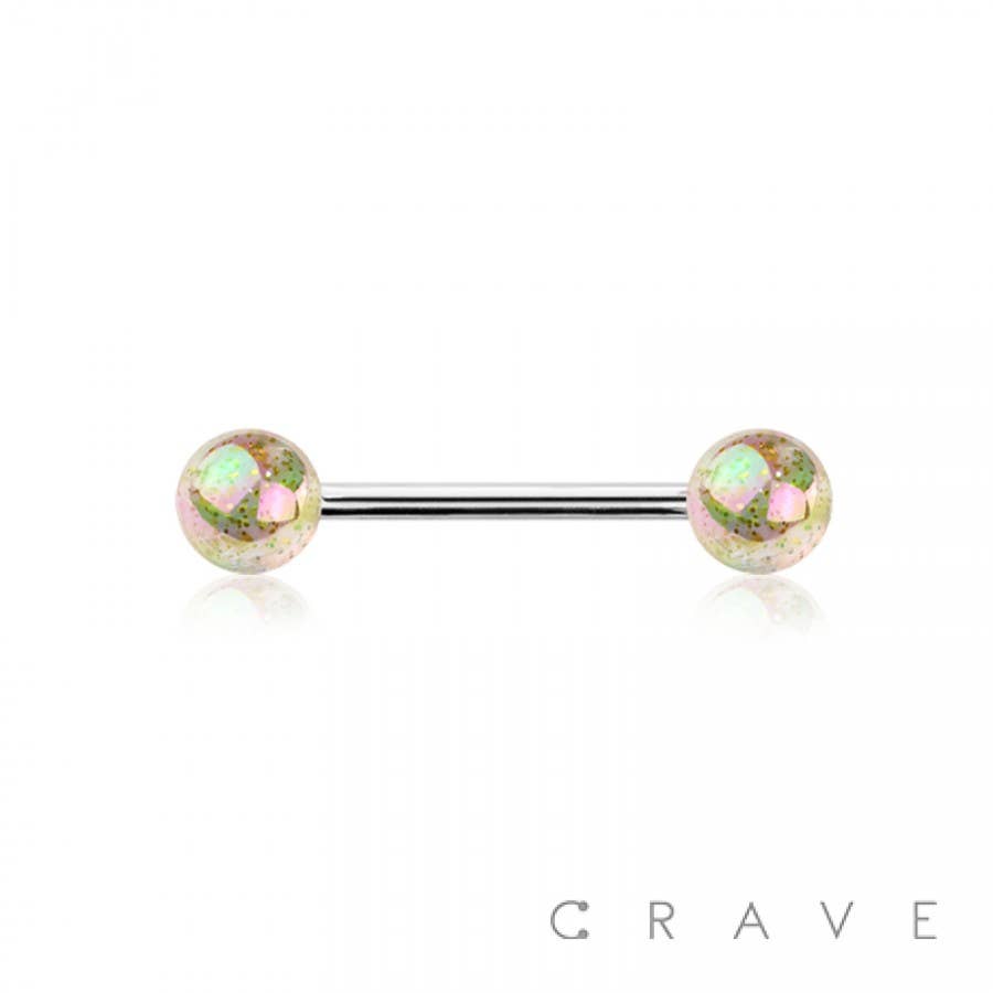 IRIDESCENT GLITTER ACRYLIC BALL 316L SS TONGUE BARBELL