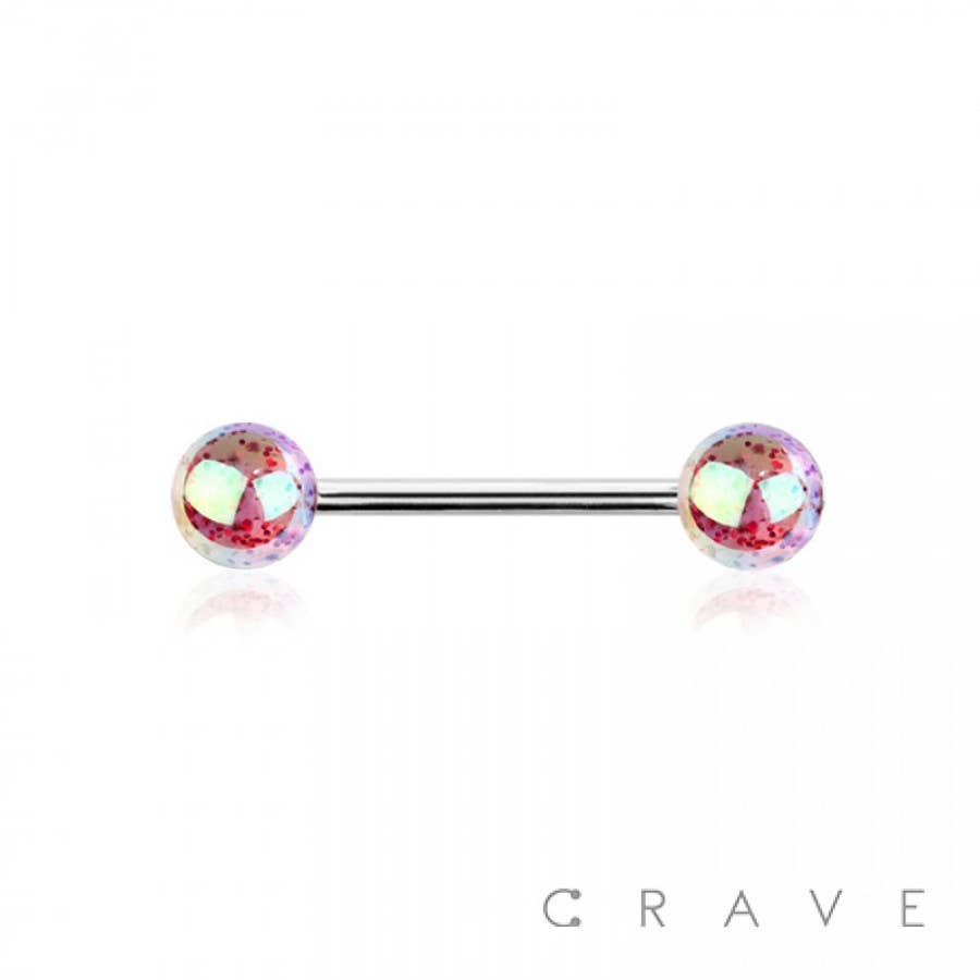 IRIDESCENT GLITTER ACRYLIC BALL 316L SS TONGUE BARBELL