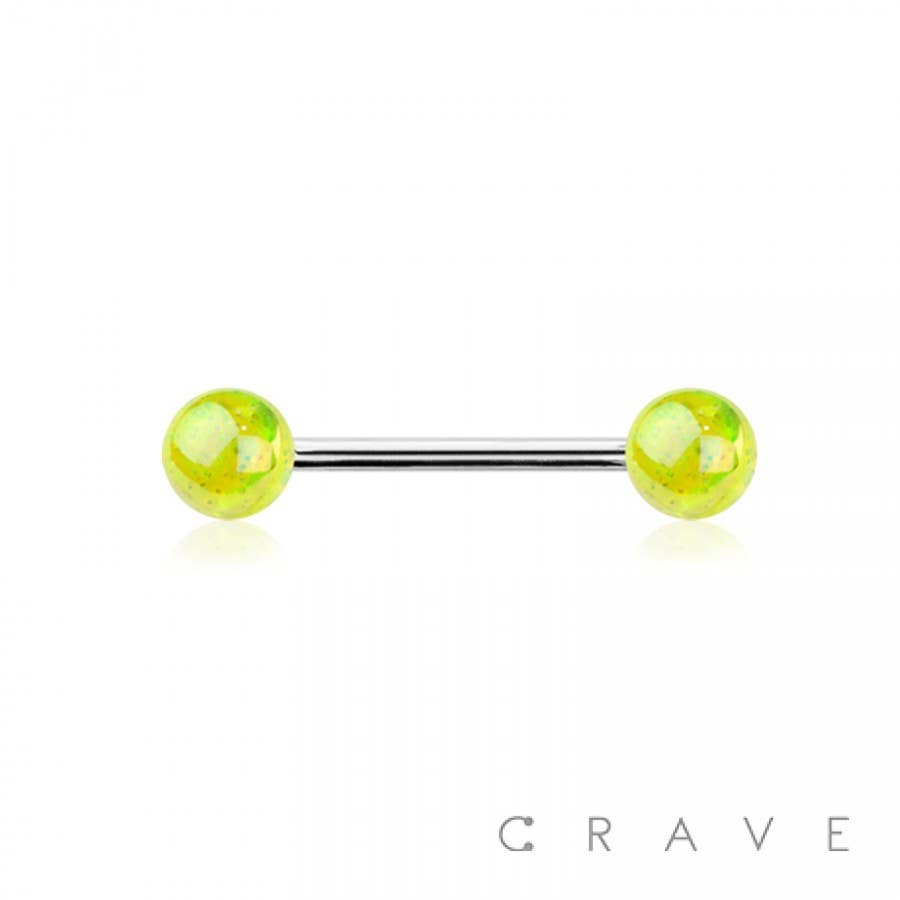 IRIDESCENT GLITTER ACRYLIC BALL 316L SS TONGUE BARBELL
