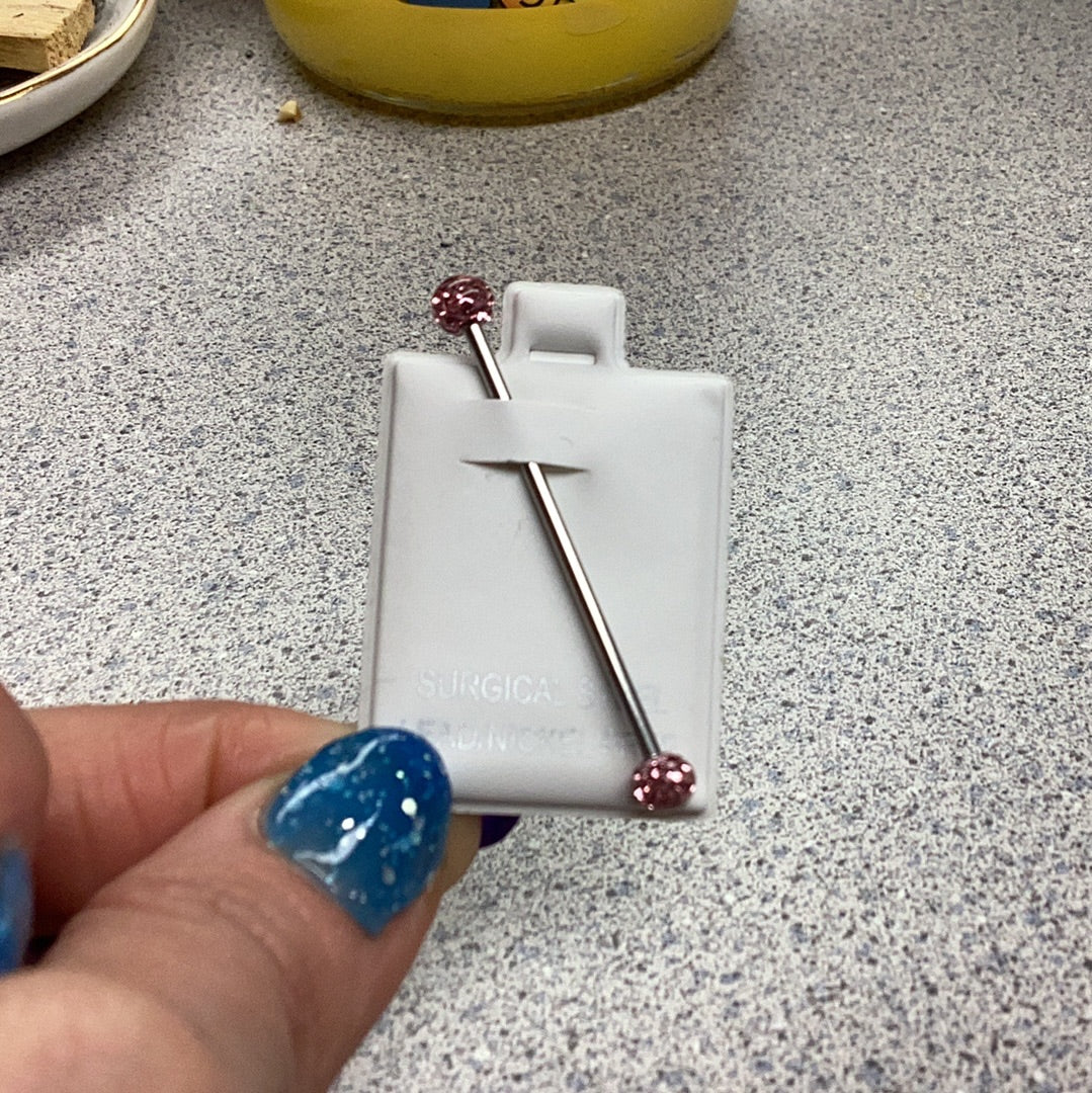 Pink Crystal Paved Epoxy Ball 316L Industrial Barbell