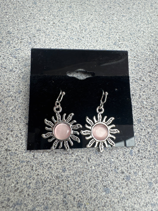 Silver Pink Stone Sun Dangle Earrings