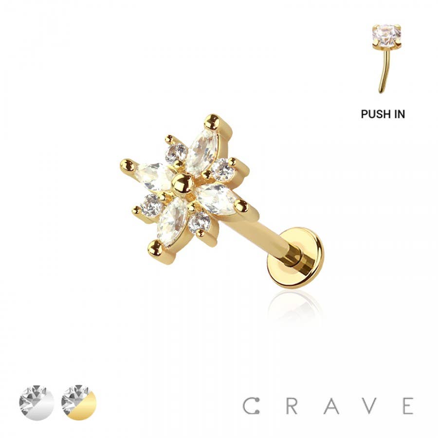 Gold Marquise Flower-threadless Push In Body Jewelry Ring