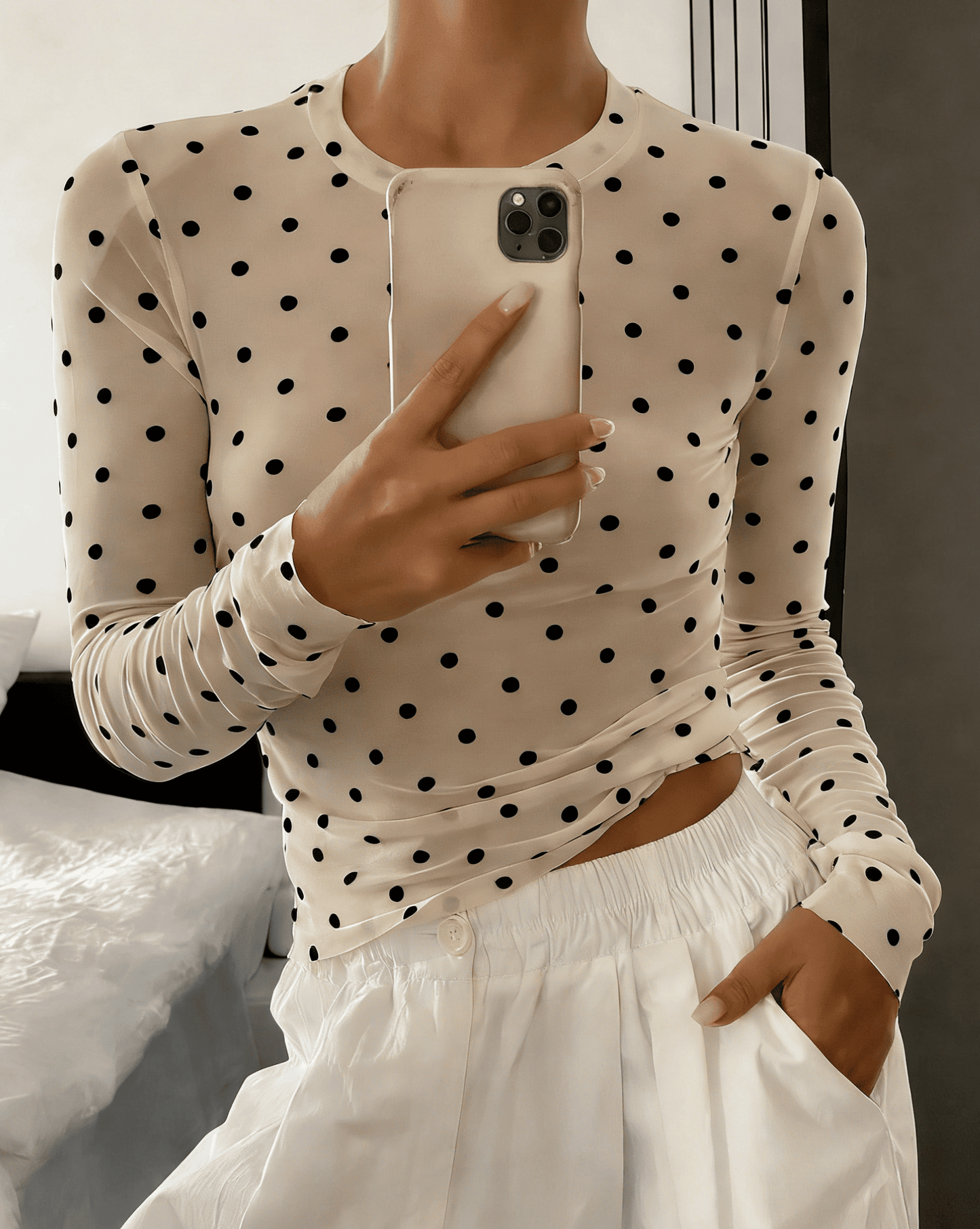 Y2k Polka Dot Mesh Blouse Long-Sleeve Sheer Through Top