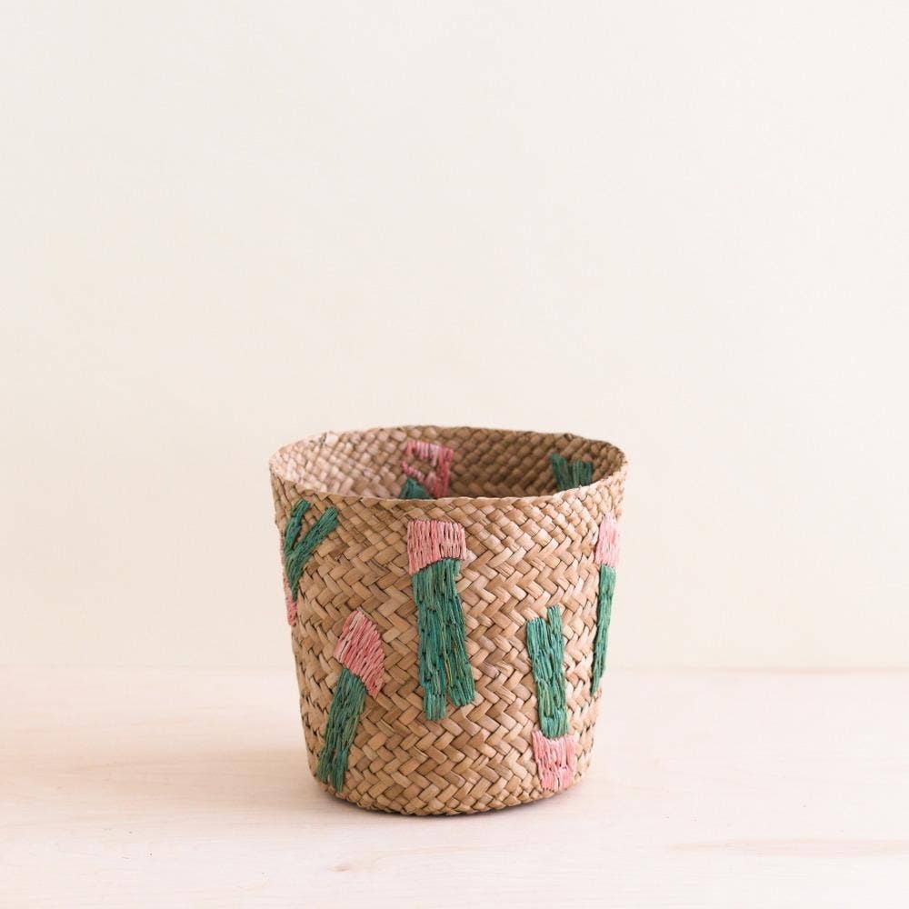 Cactus Embroidery Seagrass Basket - Handmade Bins | LIKHÂ