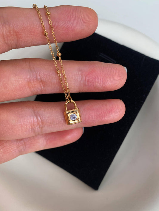Turner 18K Gold Non-Tarnish Petite Rhinestone Lock Necklace