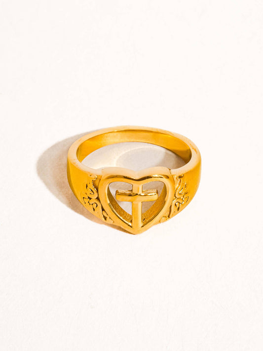 Partagé 18K Gold Non-Tarnish Cross and Heart Ring