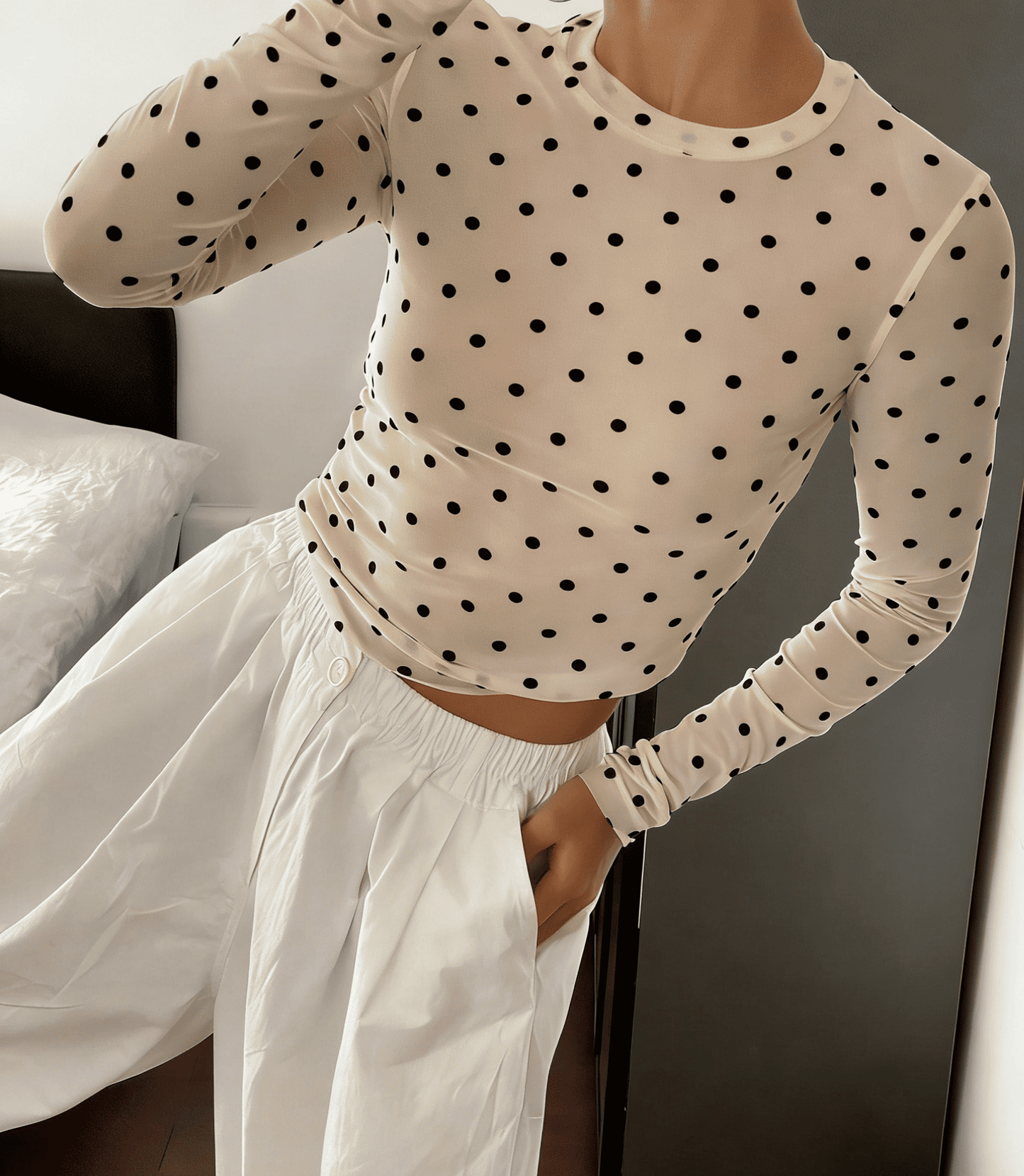 Y2k Polka Dot Mesh Blouse Long-Sleeve Sheer Through Top
