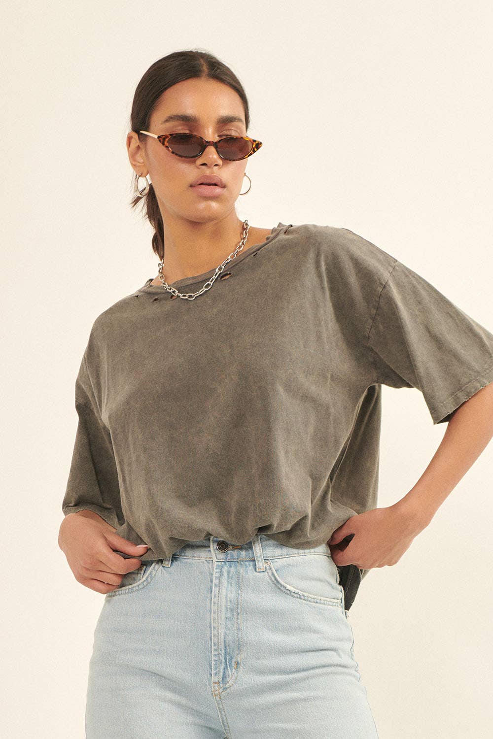 Oversize Mineral Washed Distressed Tee: Blue Indigo / L