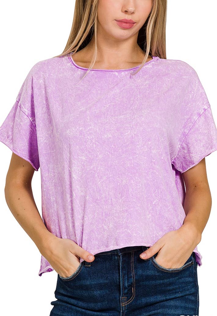 Washed Crew Neck Short Sleeve Cropped T-shirt: 3-3 (S/M-L/XL) / B LAVENDER