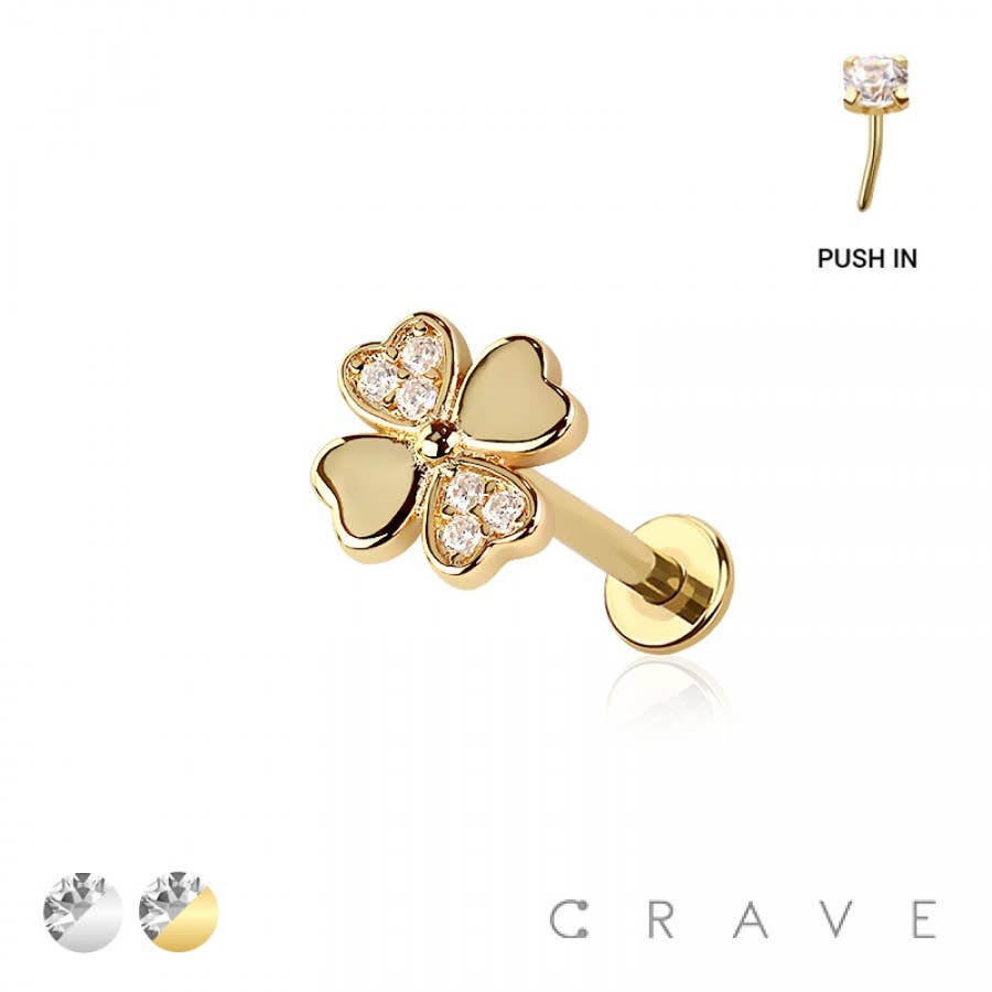 Gold Heart Clover Threadless Push In Body Jewelry Ring