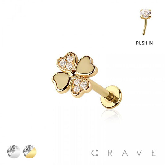 Gold Heart Clover Threadless Push In Body Jewelry Ring