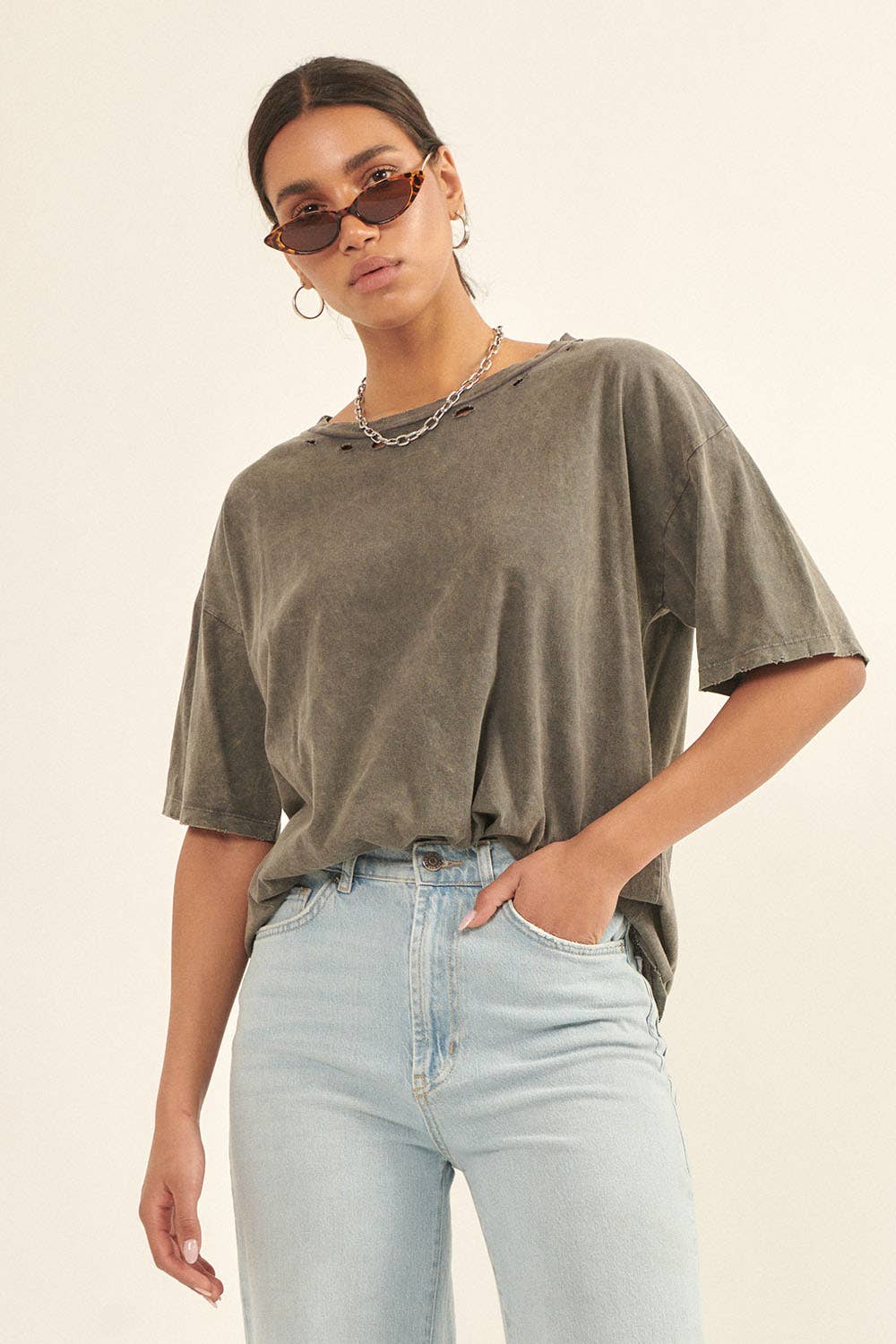 Oversize Mineral Washed Distressed Tee: Blue Indigo / L