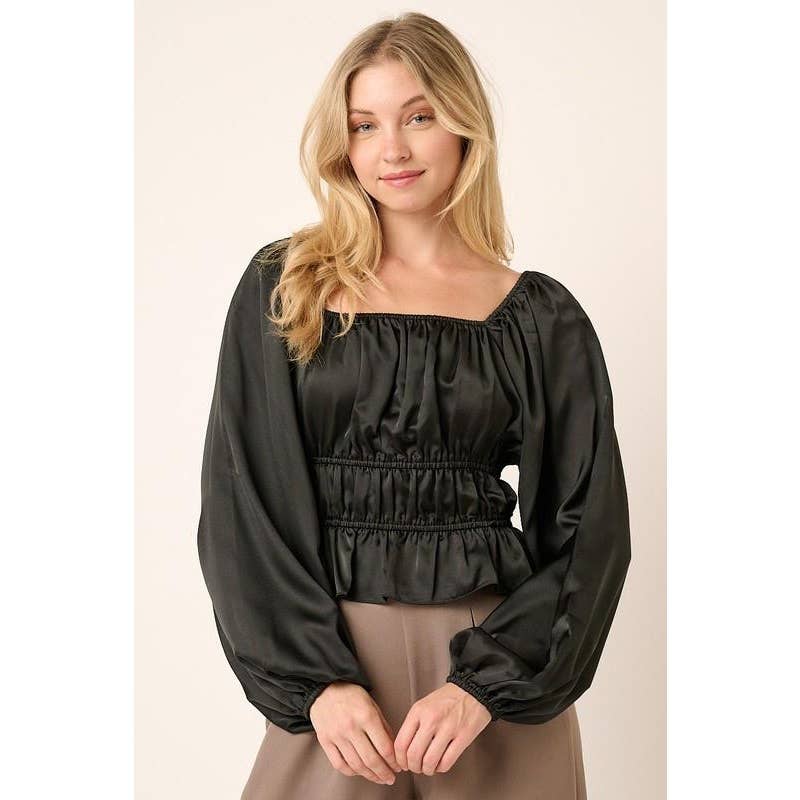 Rosette-Satin Square Neck Long sleeve Top