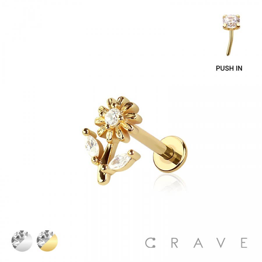 Gold Sunflower Threadless Push In Body Jewelry Ring