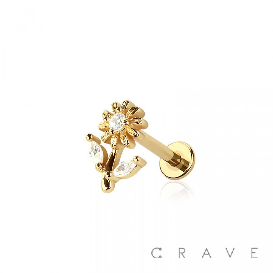 Gold Sunflower Threadless Push In Body Jewelry Ring