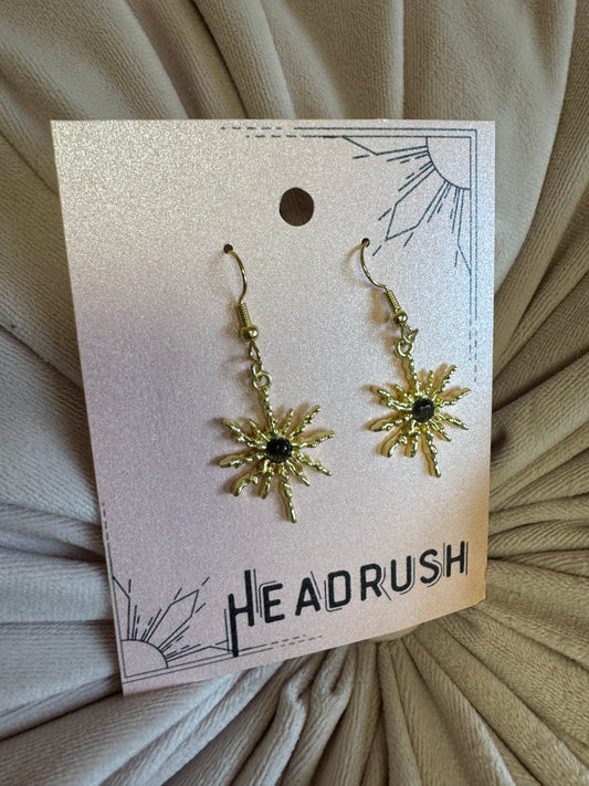 Gold Sun Dangle Earrings with Smoke Stone Center