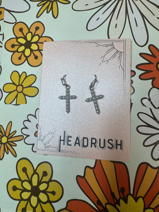 Silver Pearl Cross Dangle Earrings