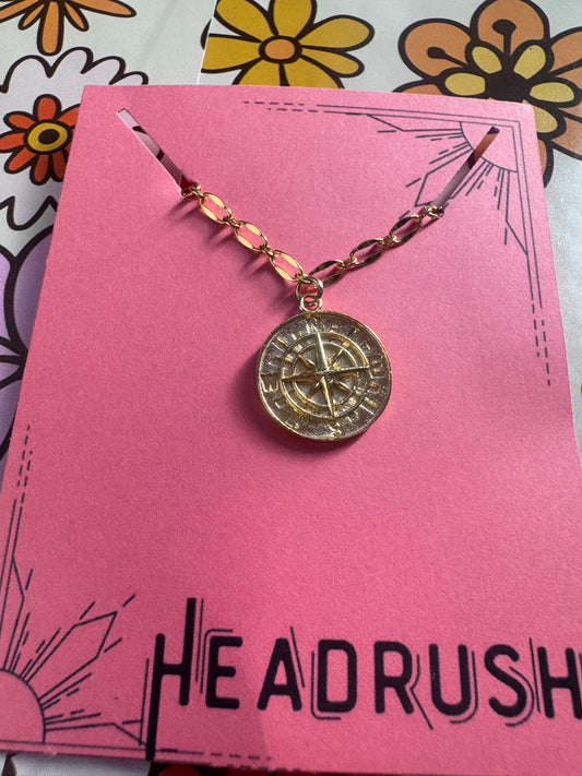 Gold Compass Medallion Chain Necklace