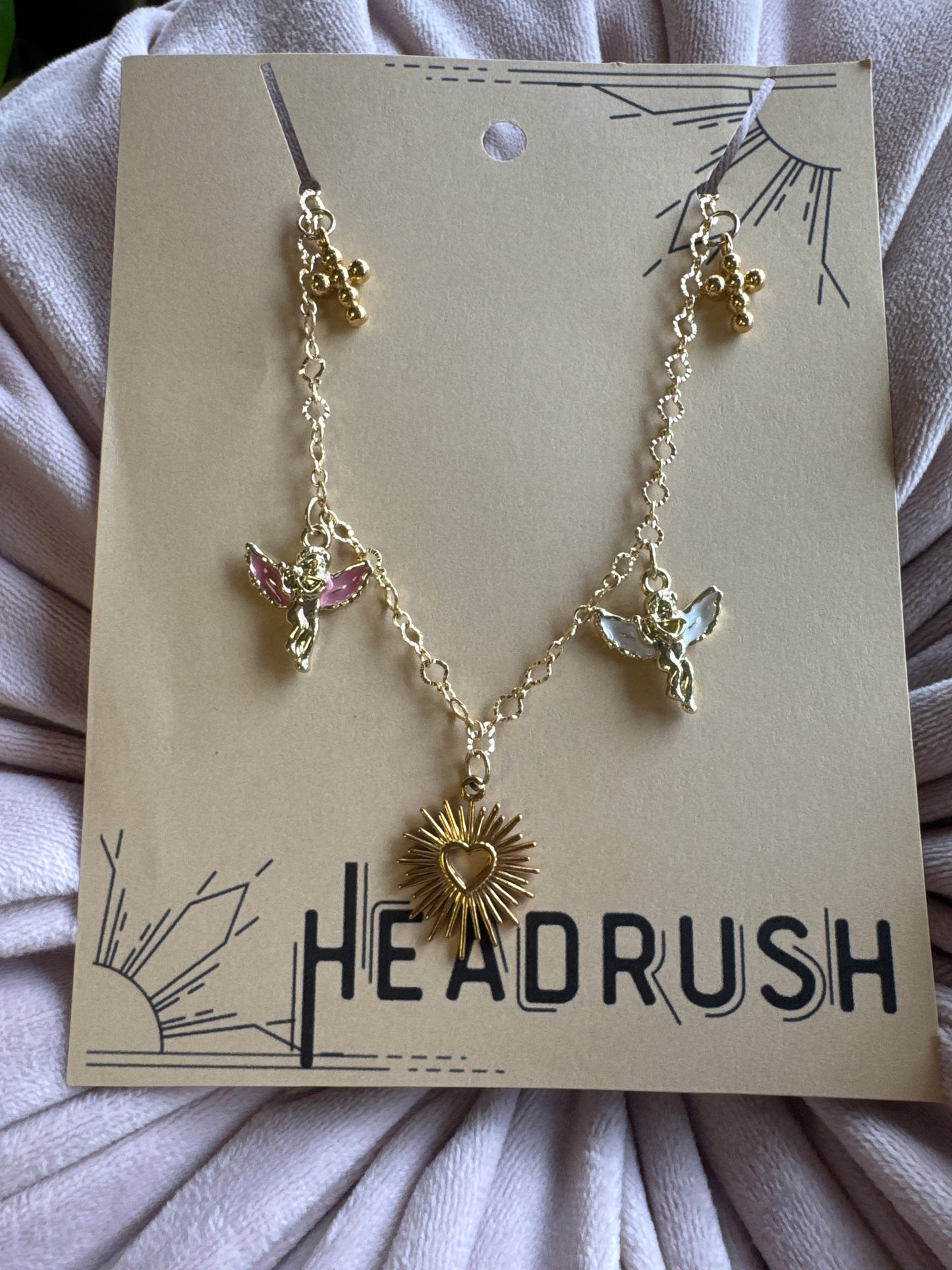 Gold Angel, Cross, and Heart Charm Necklace
