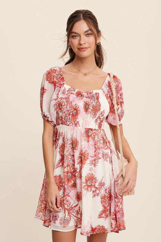 Delilah-Smocked Floral Chiffon Mini Dress
