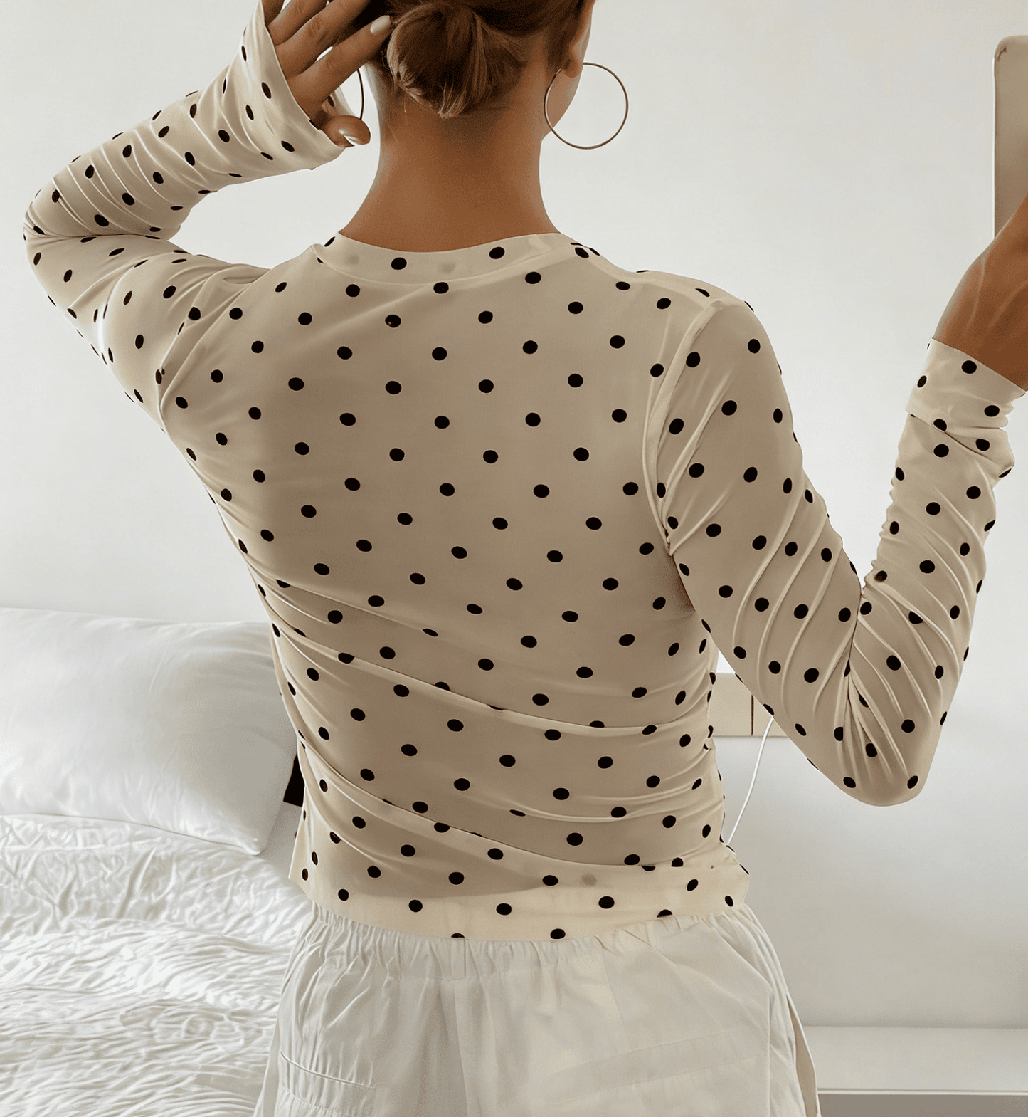 Y2k Polka Dot Mesh Blouse Long-Sleeve Sheer Through Top