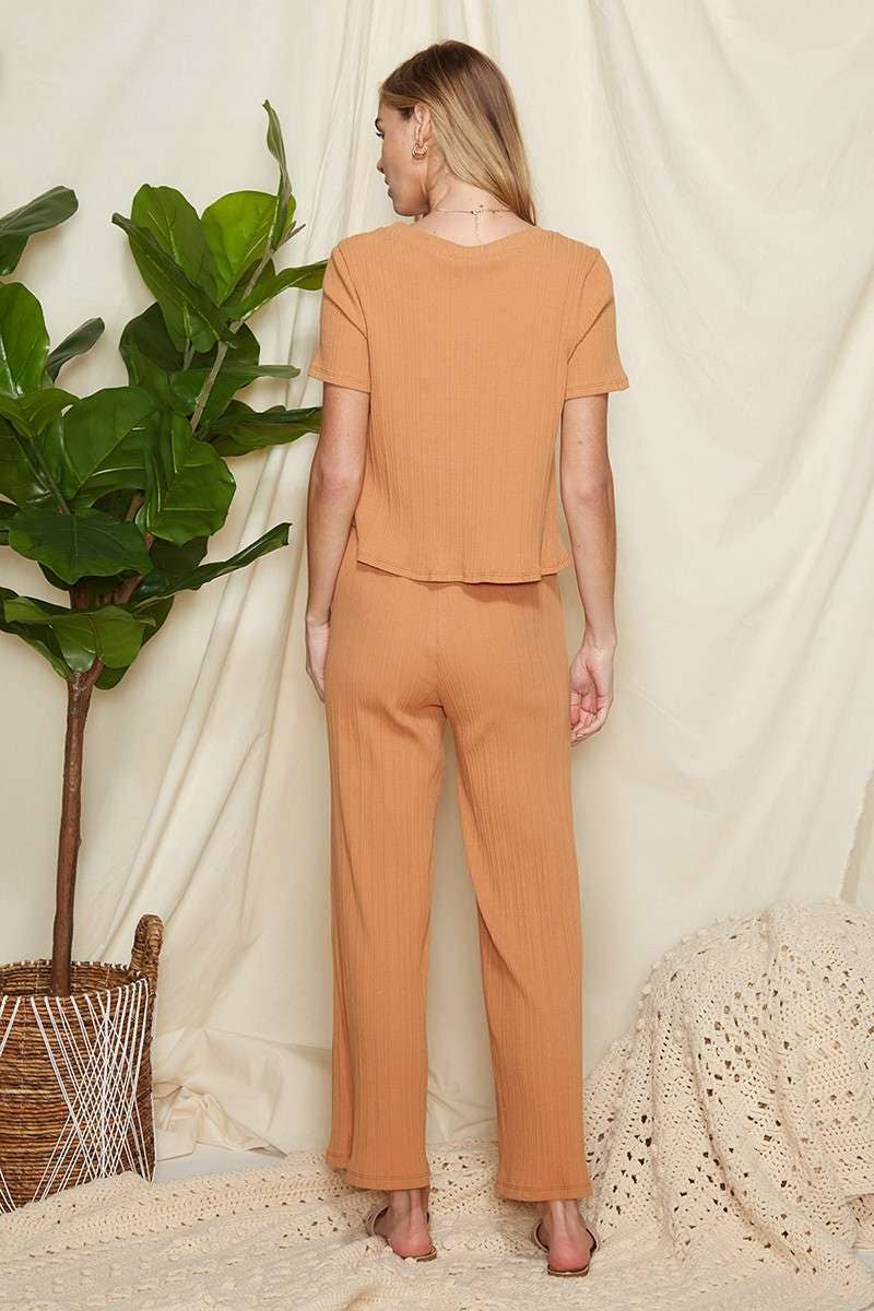 Becca-Ribbed V Neck Short Sleeve Top