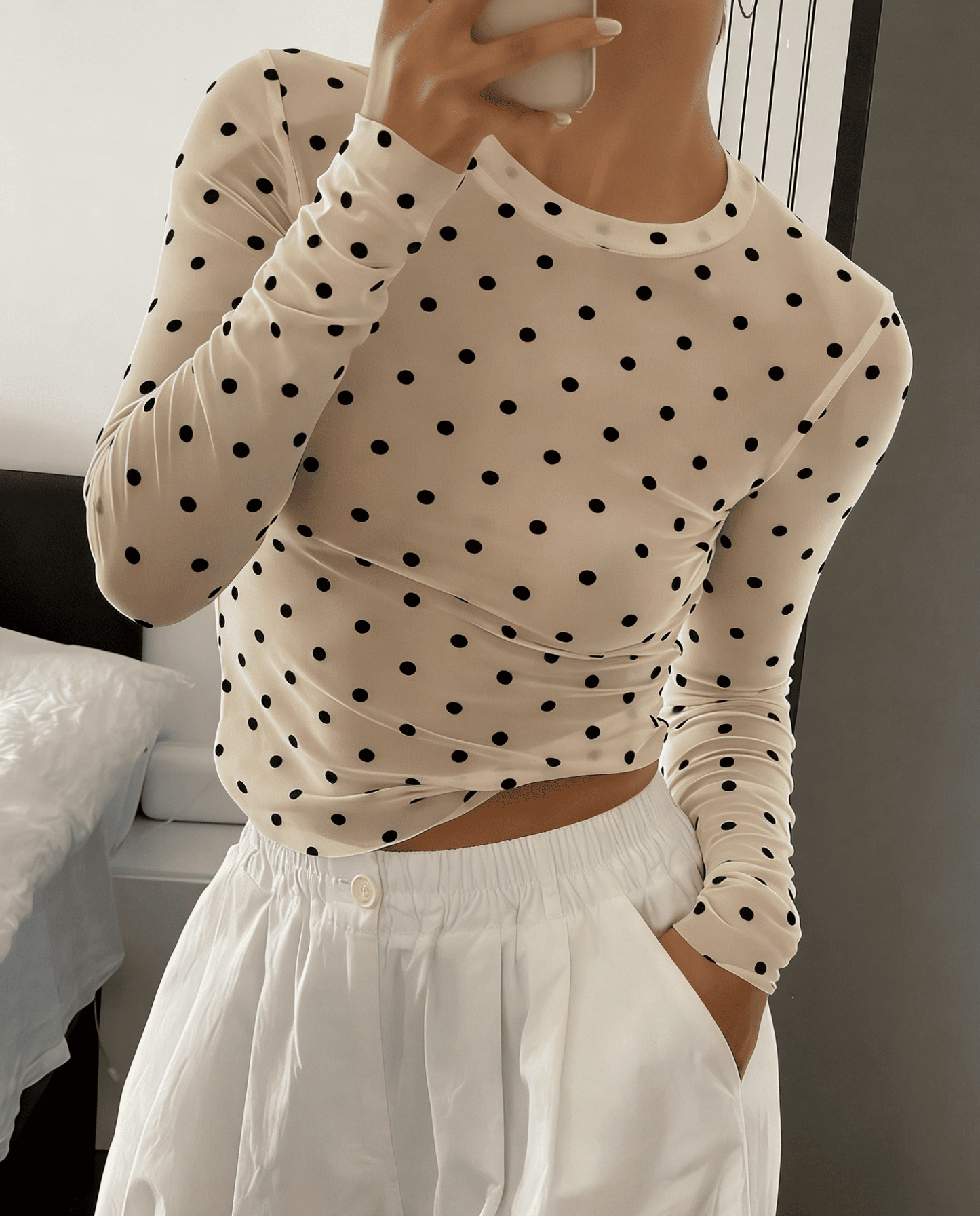 Y2k Polka Dot Mesh Blouse Long-Sleeve Sheer Through Top