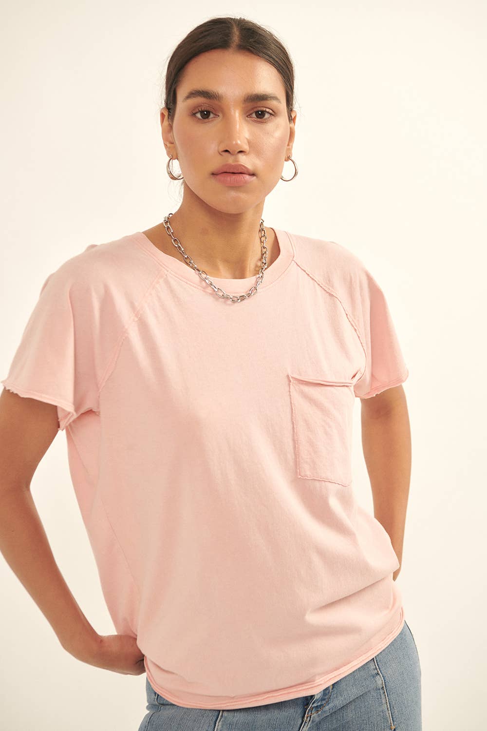 Oversize Mineral Washed Boatneck Raglan Pocket Tee: Blush / S