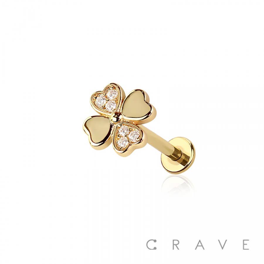 Gold Heart Clover Threadless Push In Body Jewelry Ring