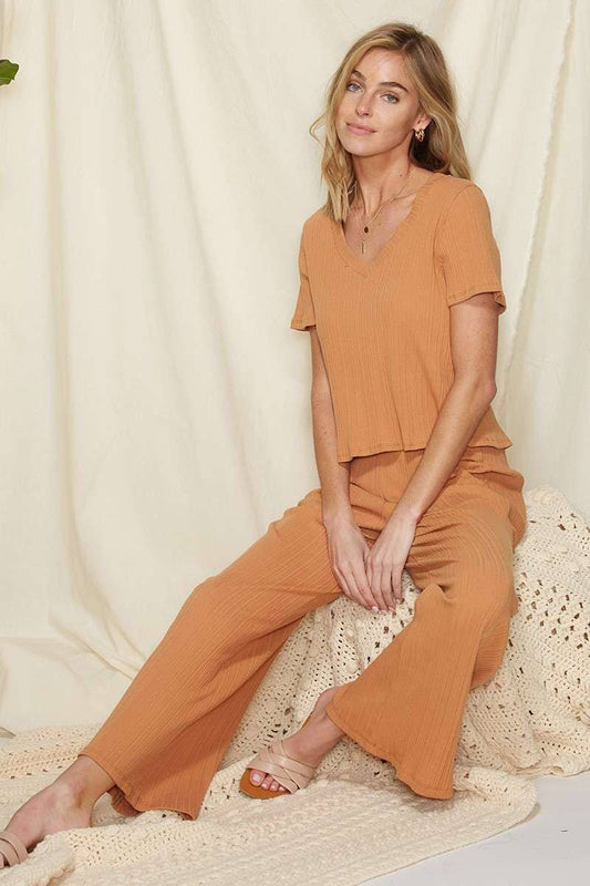 Becca-Ribbed V Neck Short Sleeve Top