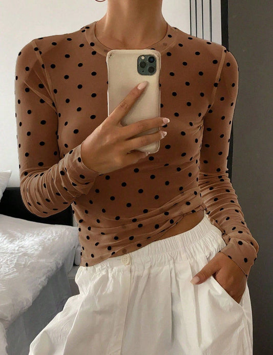 Y2k Polka Dot Mesh Blouse Long-Sleeve Sheer Through Top