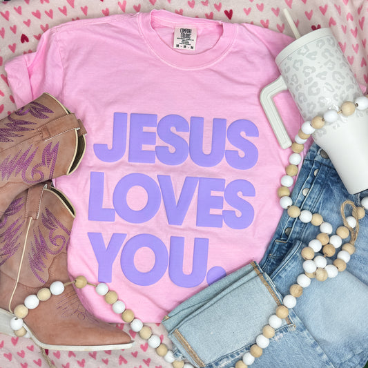 Jesus Loves You Lavender PUFF Transfer