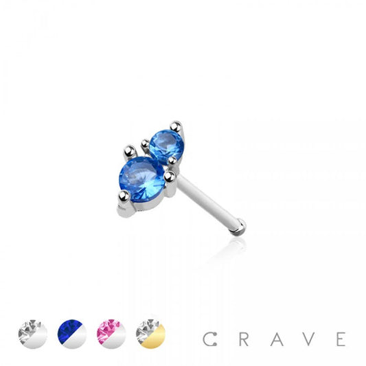 DOUBLE PRONG CZ GEM TOP 316L SURGICAL STEEL NOSE BONE