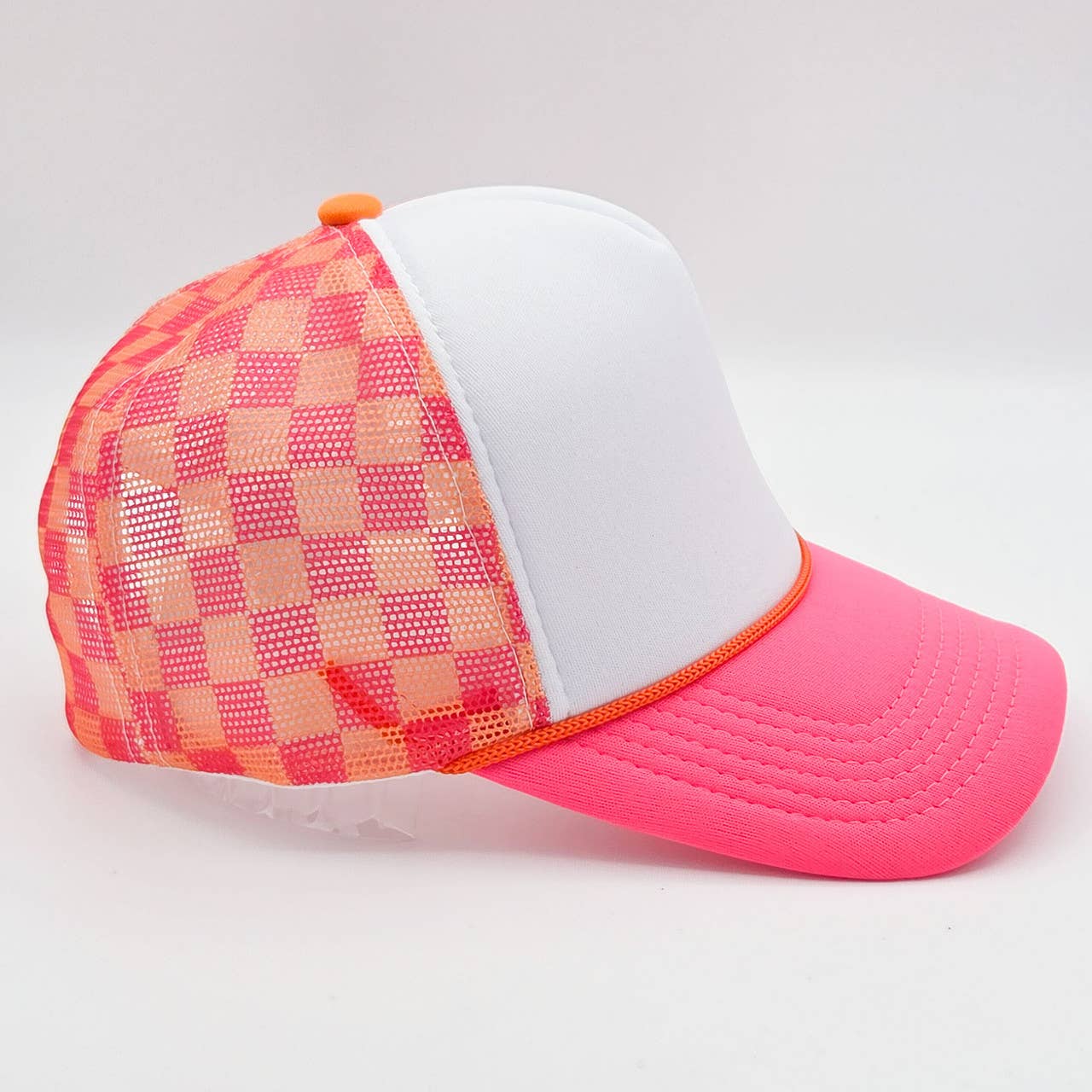 Neon Pink, Orange & White Checkered Foam Trucker Hat