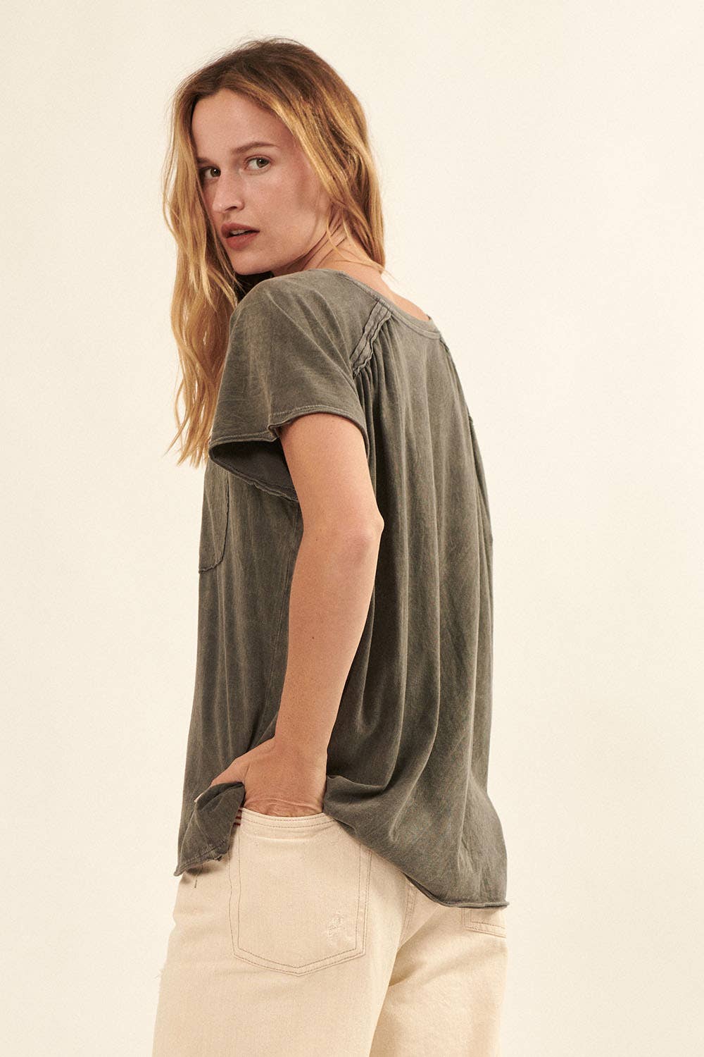 Oversize Mineral Washed Boatneck Raglan Pocket Tee: Blush / S