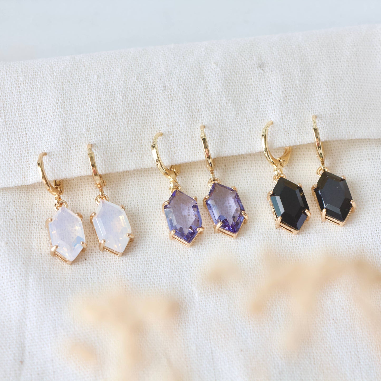 Opalite, Purple, Black Huggie Earrings: Purple