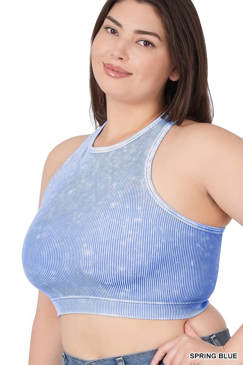 Spring Blue Plus Washed Ribbed Seamless High-neck Cropped Tank Top